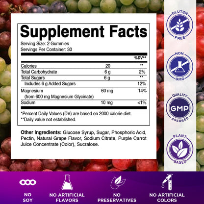Magnesium Glycinate Gummies 600 mg per Serving – 60 Ct – Natural Grape Flavor
