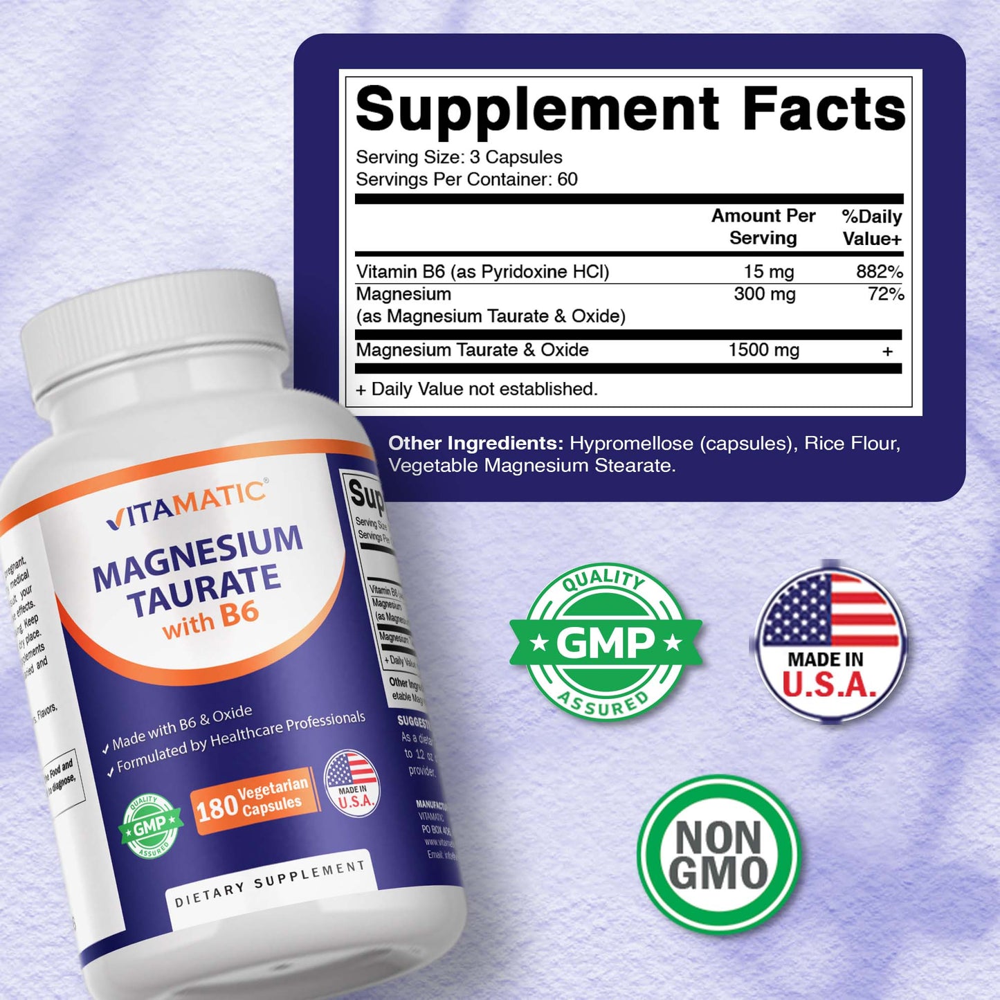 Vitamatic Magnesium Taurate with B6, 180 Veg Capsules