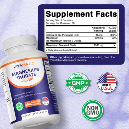 Vitamatic Magnesium Taurate with B6, 180 Veg Capsules