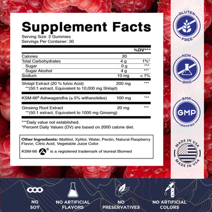 Shilajit with KSM-66® Ashwagandha & Ginseng 10,000 mg Equivalent Per Serving – Natural Raspberry Flavor – 60 Vegan Gummies