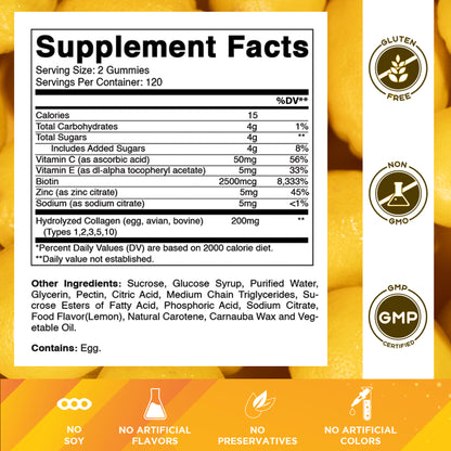 Hydrolyzed Collagen Gummies with Vitamin C, Zinc and Biotin, 200 mg per serving - 240 Gummies