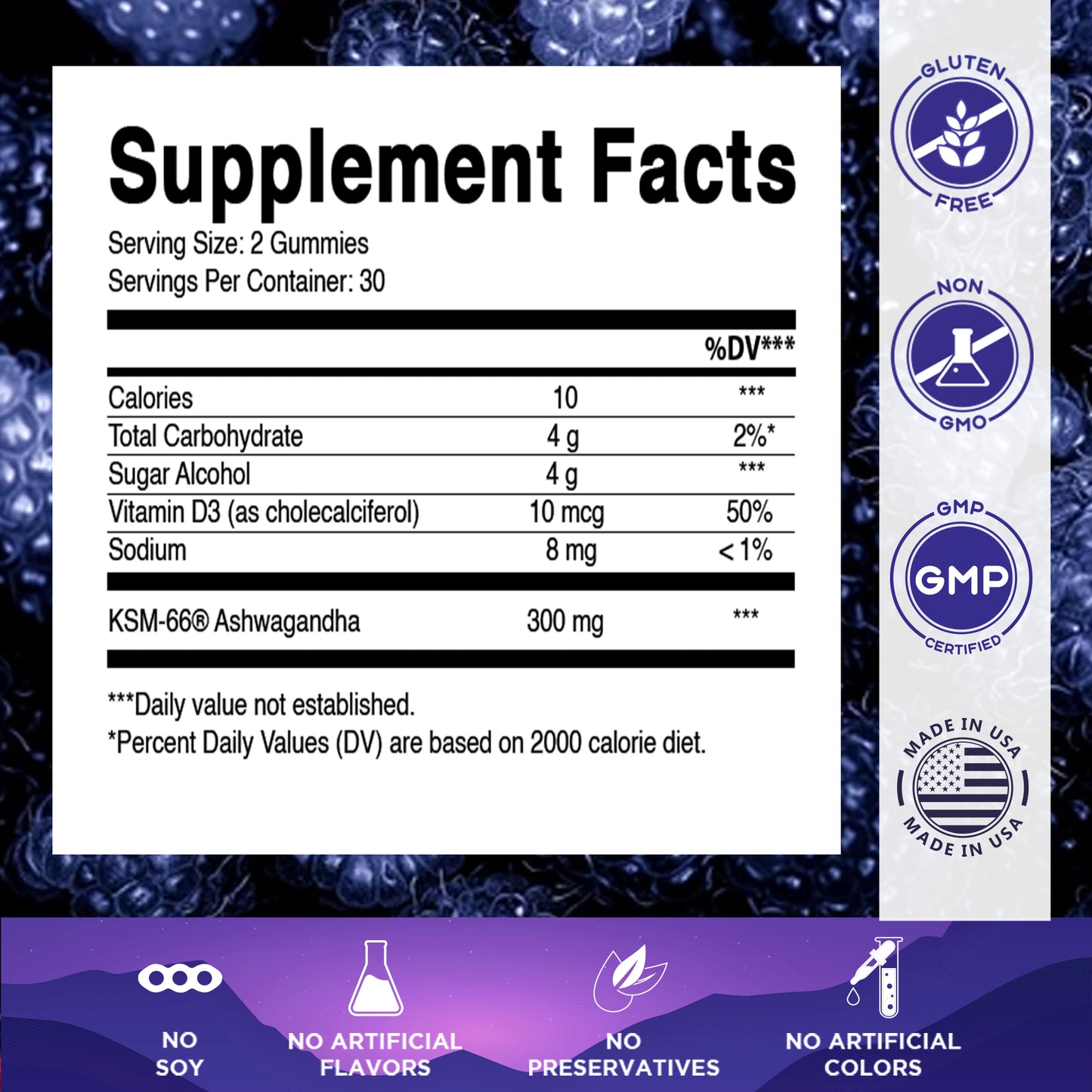 Vitamatic KSM-66® Ashwagandha + D3 Gummies – Natural Blue Raspberry Flavor – 60 Gummies