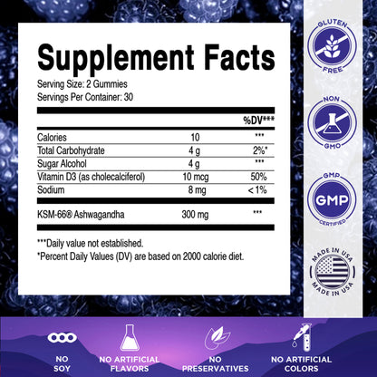 Vitamatic KSM-66® Ashwagandha + D3 Gummies – Natural Blue Raspberry Flavor – 60 Gummies