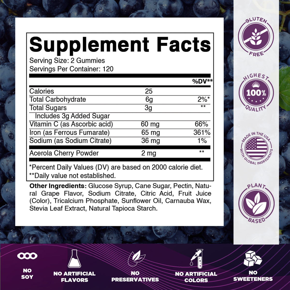 Vitamatic Iron 65mg Per Serving Gummies for Women & Men, 240 Count