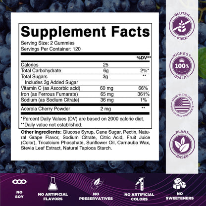 Vitamatic Iron 65mg Per Serving Gummies for Women & Men, 240 Count