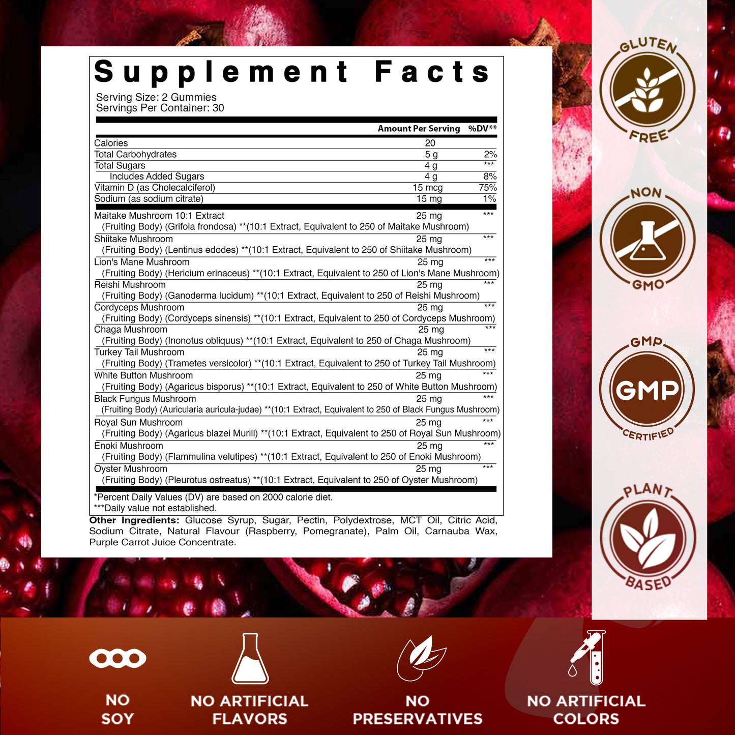 Mushroom Complex with D3 Gummies 3000 mg - 60 Pectin Based Gummies