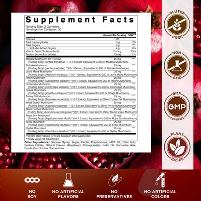 Mushroom Complex with D3 Gummies 3000 mg - 60 Pectin Based Gummies