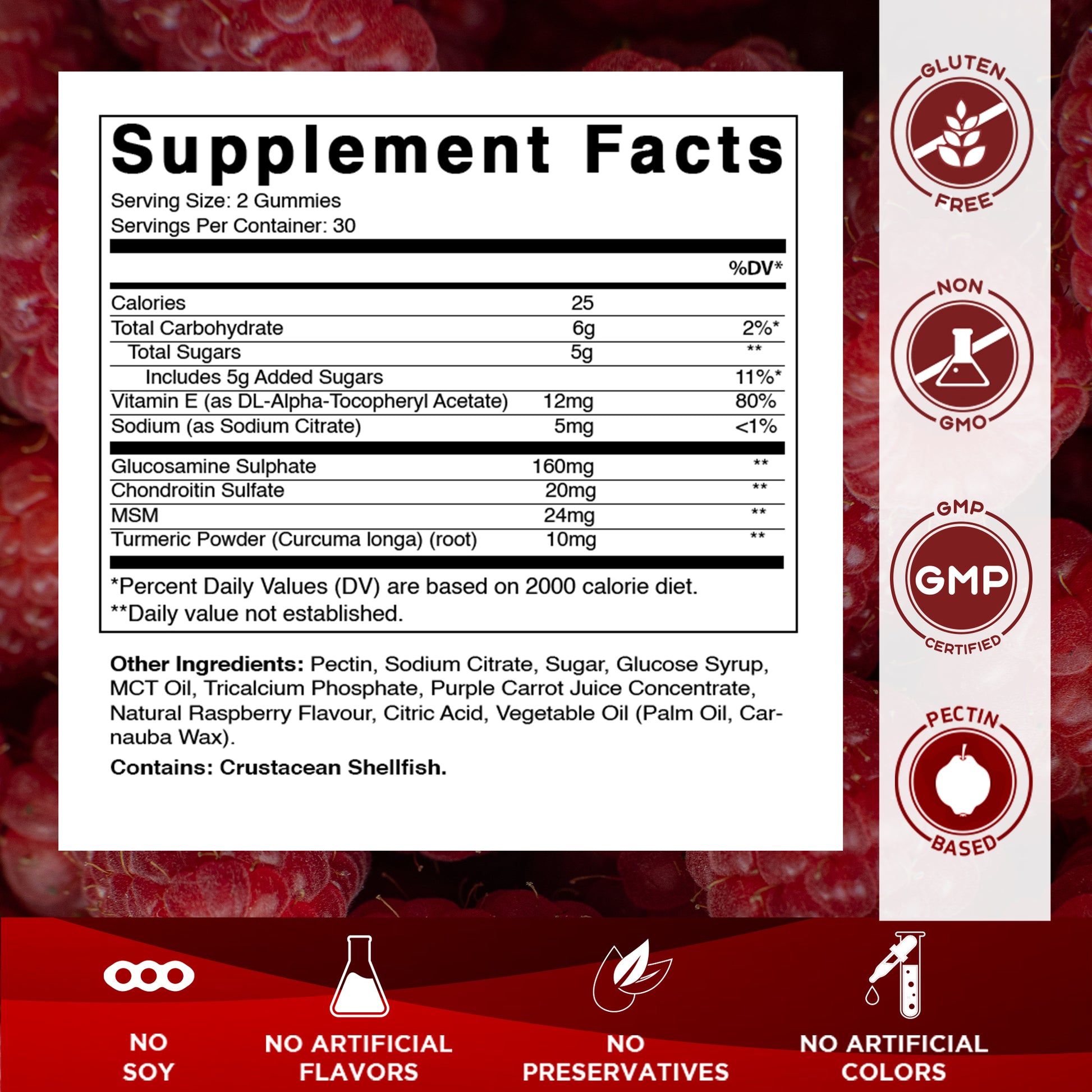Back label of Vitamatic Glucosamine Chondroitin MSM Gummies displaying Supplement Facts, ingredients, and nutrition information.