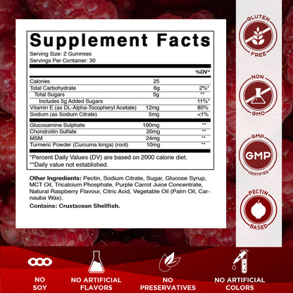 Back label of Vitamatic Glucosamine Chondroitin MSM Gummies displaying Supplement Facts, ingredients, and nutrition information.