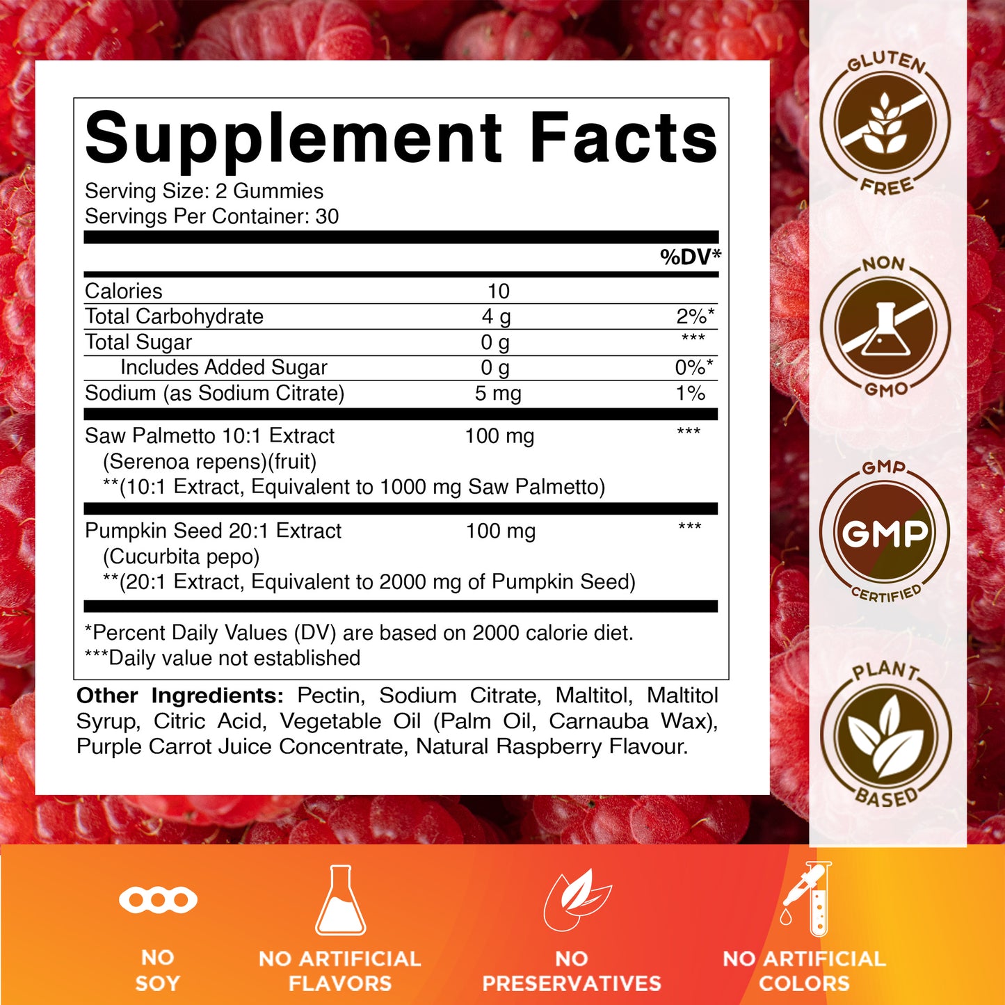 Sugar Free Pumpkin Seed 20:1 extract Gummies - Made with Saw Palmetto - Natural Raspberry Flavor - 60 Count