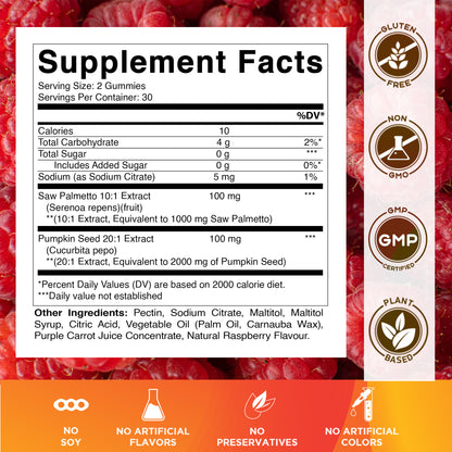 Sugar Free Pumpkin Seed 20:1 extract Gummies - Made with Saw Palmetto - Natural Raspberry Flavor - 60 Count