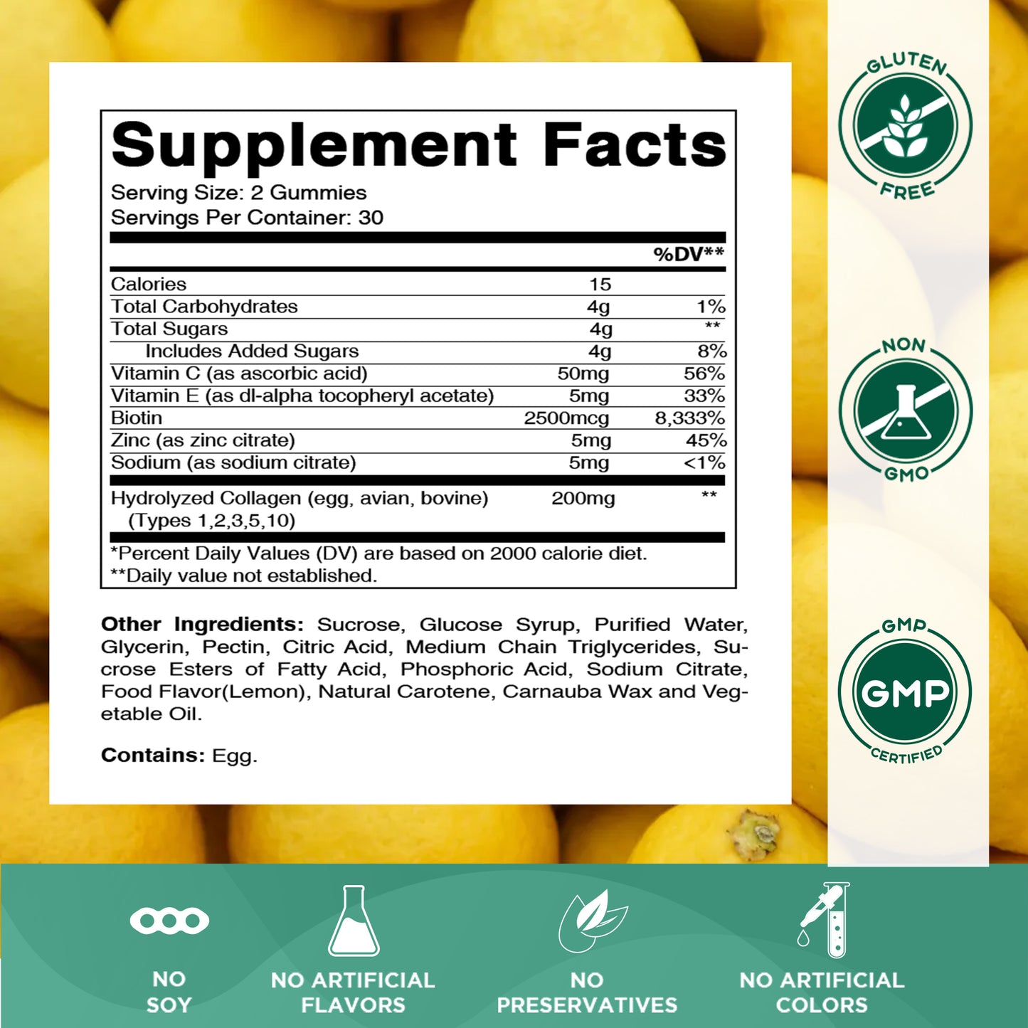 Hydrolyzed Collagen Gummies with Vitamin C, Zinc and Biotin, 200mg - 60 Gummies