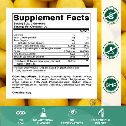 Hydrolyzed Collagen Gummies with Vitamin C, Zinc and Biotin, 200mg - 60 Gummies