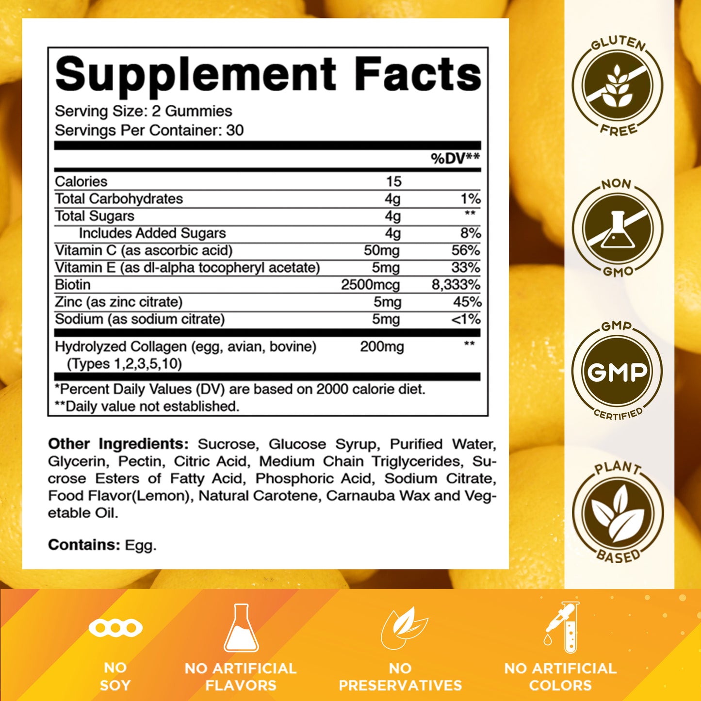 Hydrolyzed Collagen Gummies with Vitamin C, Zinc and Biotin, 200mg - 60 Gummies