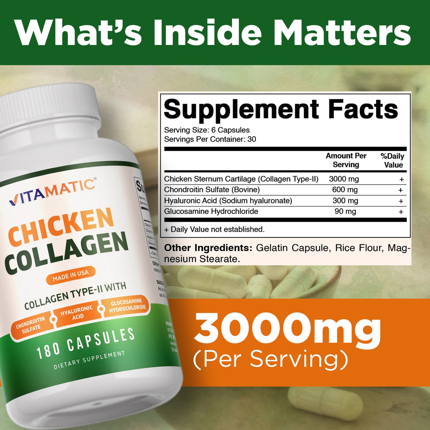 Chicken Collagen 3000 mg (Per Serving) with Glucosamine, Chondroitin & Hyaluronic Acid | 180 Capsules