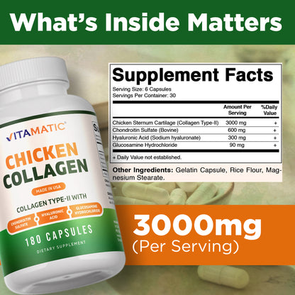 Chicken Collagen 3000 mg (Per Serving) with Glucosamine, Chondroitin & Hyaluronic Acid | 180 Capsules