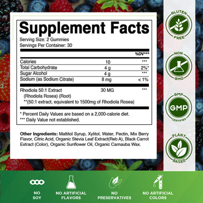 Sugar Free Rhodiola Rosea Gummies 1500 mg Equivalent Per Serving – 60 Gummies – Mixed Berry Flavor