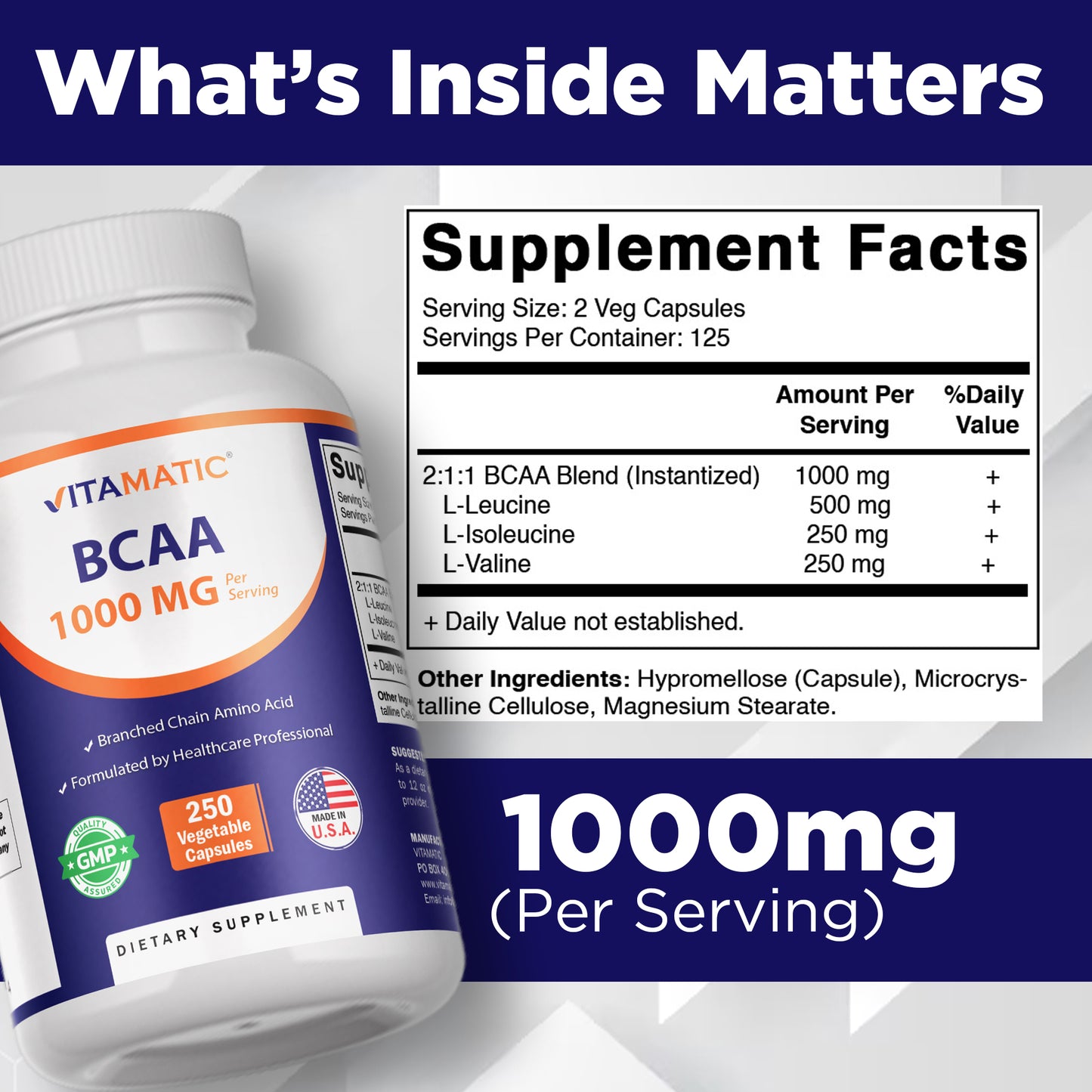 BCAA 1000 mg Per Serving (2:1:1) | 250 Veg Capsules
