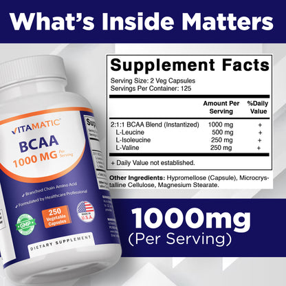 BCAA 1000 mg Per Serving (2:1:1) | 250 Veg Capsules