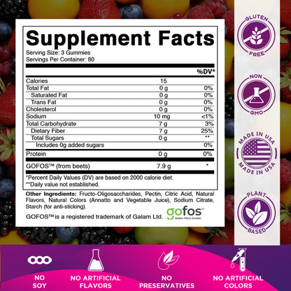 Prebiotic Fiber Gummies for Adults-  240 Pectin Based Gummies, Digestive Health & Regularity Support