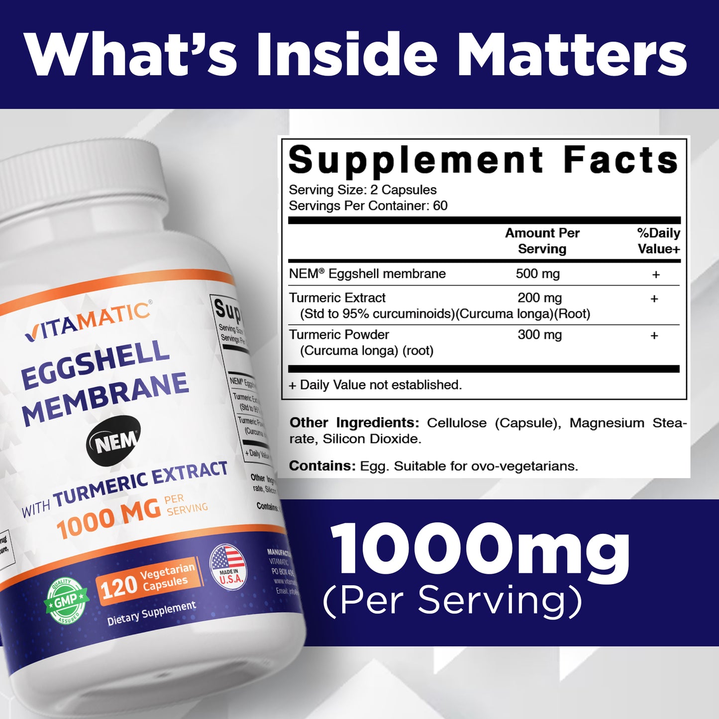 Eggshell Membrane (NEM) with Turmeric Extract | 1000 mg Per Serving | 120 Vegetarian Capsules | Non-GMO | Made in USA