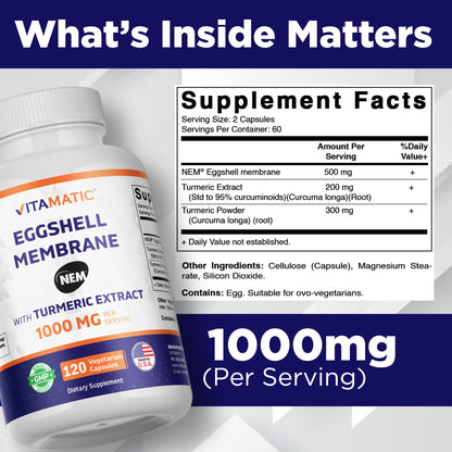 Eggshell Membrane (NEM) with Turmeric Extract | 1000 mg Per Serving | 120 Vegetarian Capsules | Non-GMO | Made in USA