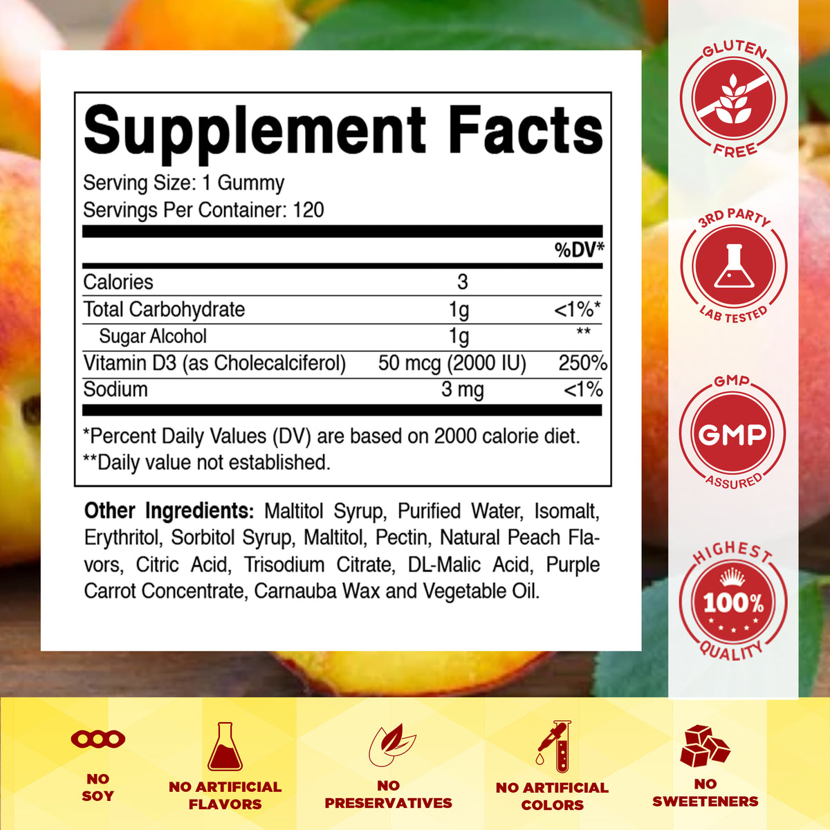 Sugar-Free Vitamin D3 2000 IU, 120 Gummies