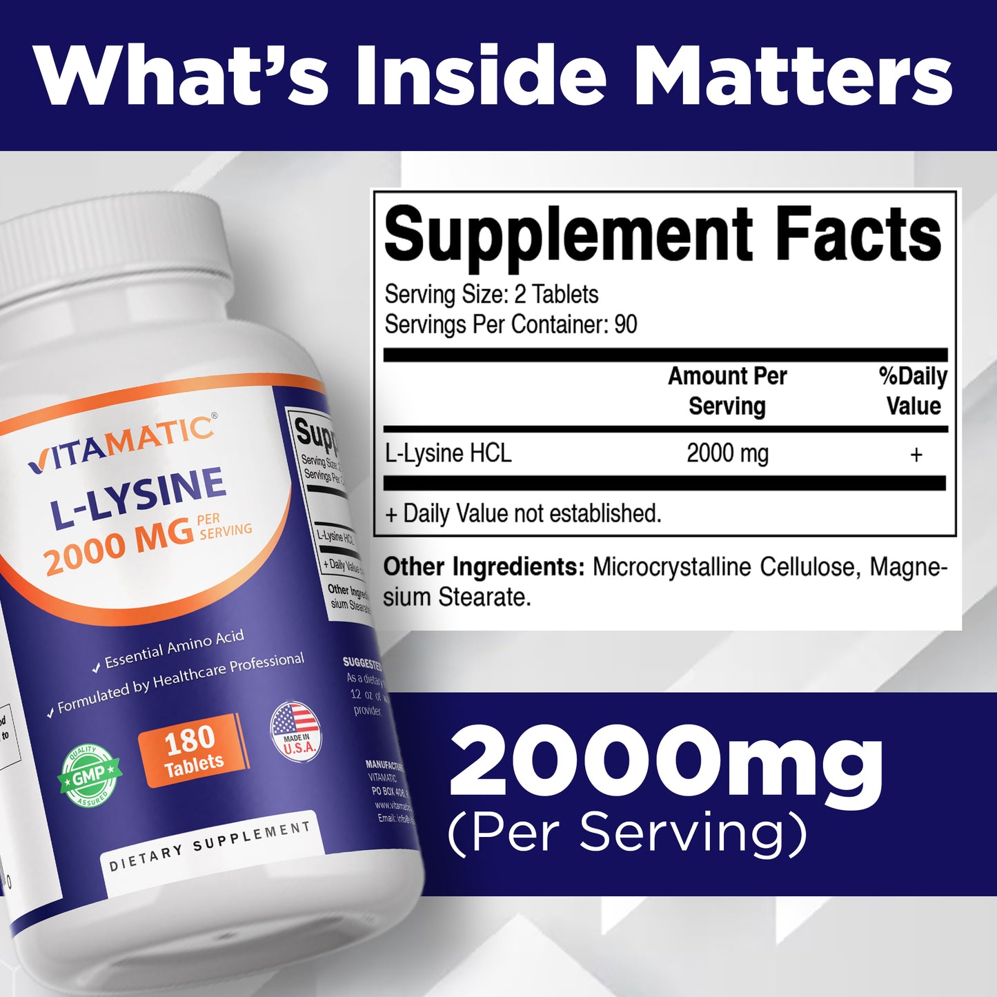 L-Lysine 2000 mg Per Serving | 180 Tablets | Essential Amino Acid Supplement