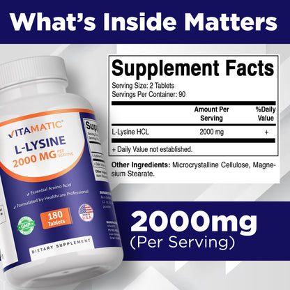 L-Lysine 2000 mg Per Serving | 180 Tablets | Essential Amino Acid Supplement