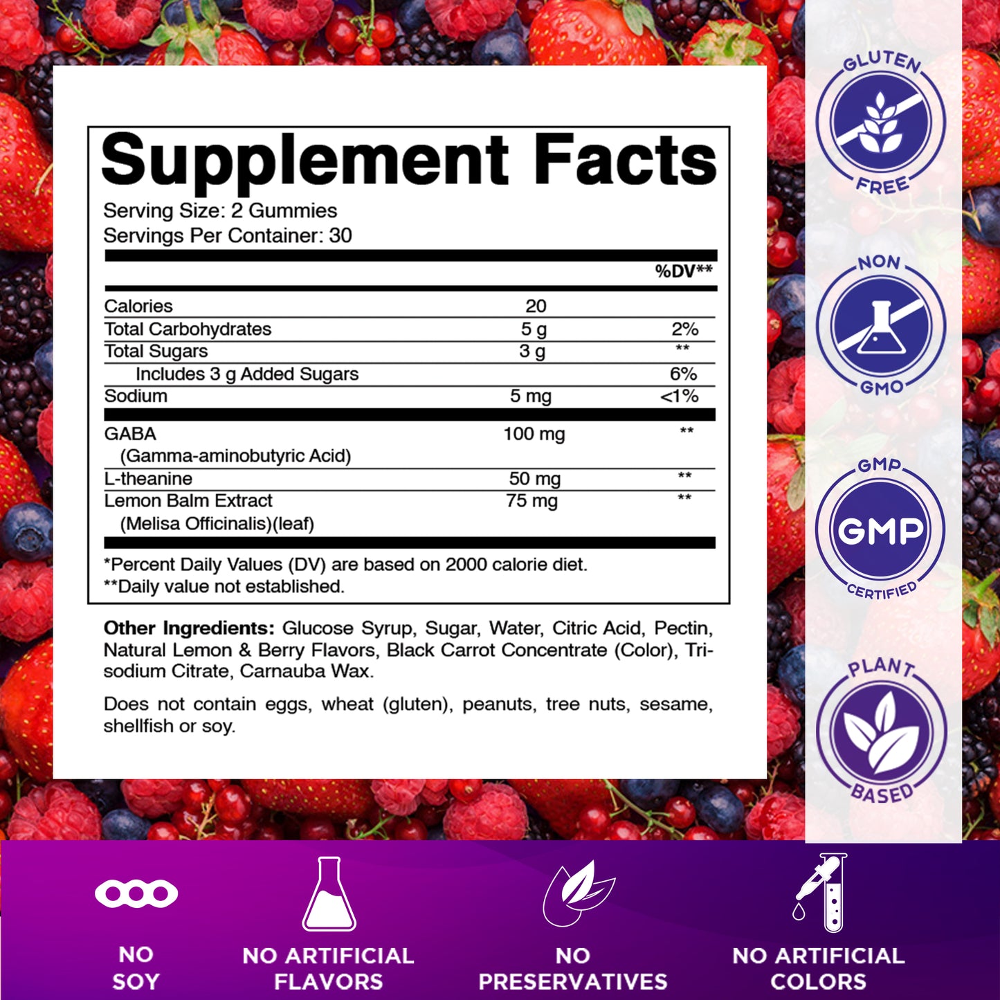Vitamatic Stress Relief Gummies with GABA, L-Theanine, Lemon Balm – Lemon & Mixed Berry Flavor – 60 Gummies
