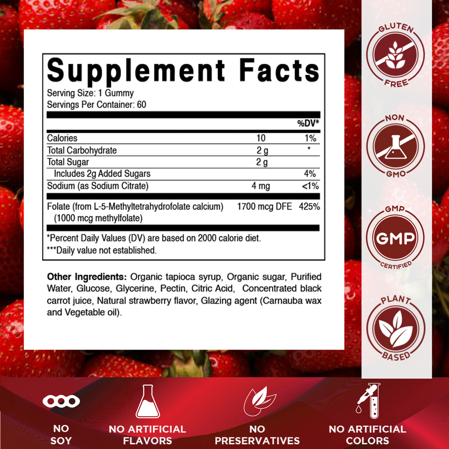 Methylfolate Gummies 1000 mcg – Active 5-MTHF Form – Natural Strawberry Flavor – 60 Gummies