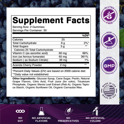 Iron 65mg with Vitamin C - 60 Gummies