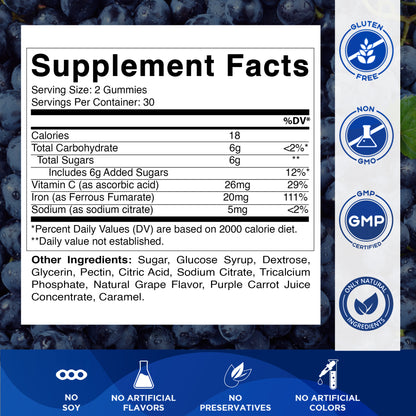 Iron 20mg with Vitamin C - 60 Vegan Gummies