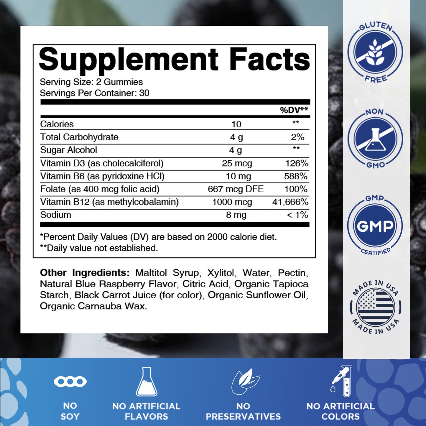 Vitamin D3 + B12 Gummies – Natural Blue Raspberry Flavor – 60 Gummies