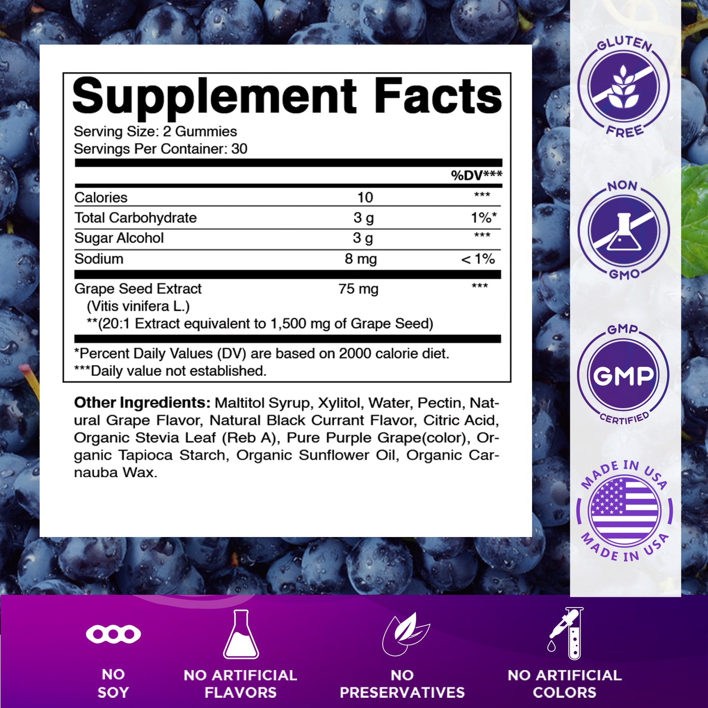 Grape Seed Extract Gummies – 1500 mg Equivalent per Serving - 60 Gummies – Natural Grape & Black Currant Flavor
