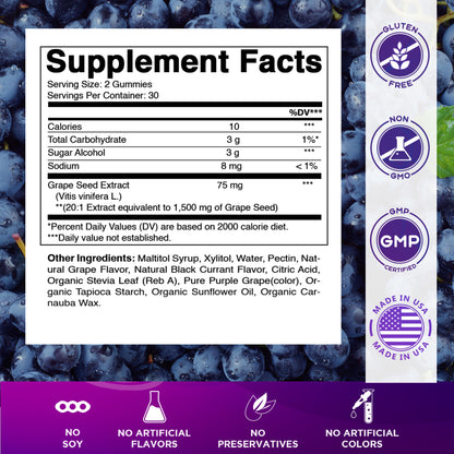 Grape Seed Extract Gummies – 1500 mg Equivalent per Serving - 60 Gummies – Natural Grape & Black Currant Flavor