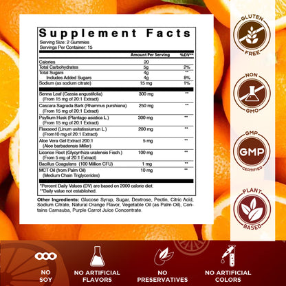 15 Day Cleanse Gummies, Senna, Cascara, Psyllium, Flaxseed, Aloe Vera, Licorice, MCT, Probiotic - 30 Gummies