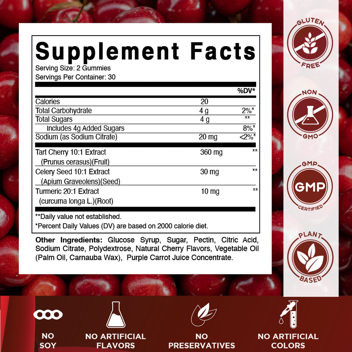 Vitamatic Tart Cherry (360 mg) with Celery Seed (30 mg) 10:1 Extract & Turmeric 20:1 Extract (10 mg) - (Per Serving/2 Gummies) - 60 Gummies