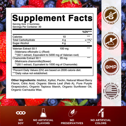 Vitamatic Valerian Root Chamomile 6000 mg Equivalent Per Serving – Mixed Berry Flavor – 60 Gummies