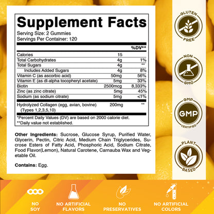 Hydrolyzed Collagen Gummies with Vitamin C, Zinc and Biotin, 200 mg per serving - 240 Gummies