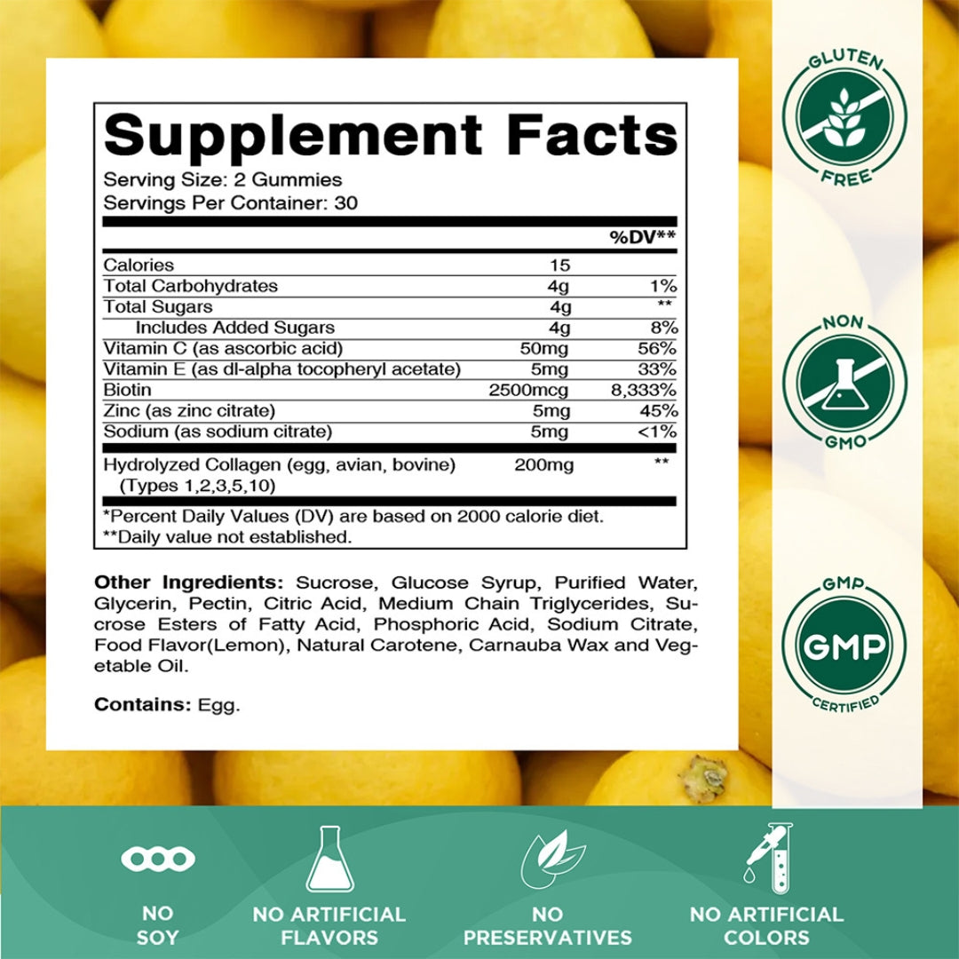 Hydrolyzed Collagen Gummies with Vitamin C, Zinc and Biotin, 200mg - 60 Gummies