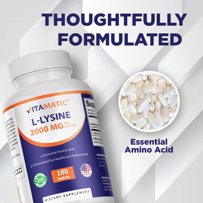 L-Lysine 2000 mg Per Serving | 180 Tablets | Essential Amino Acid Supplement