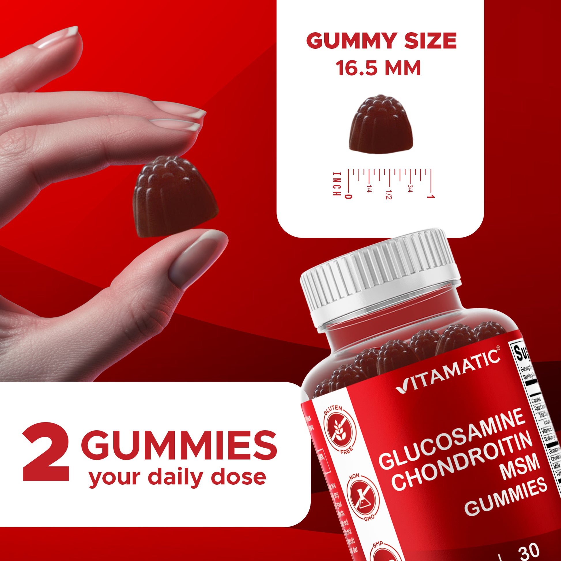 Vitamatic Glucosamine Chondroitin MSM Gummies showing gummy size, 16.5 mm dimensions, and recommended daily serving of two gummies.