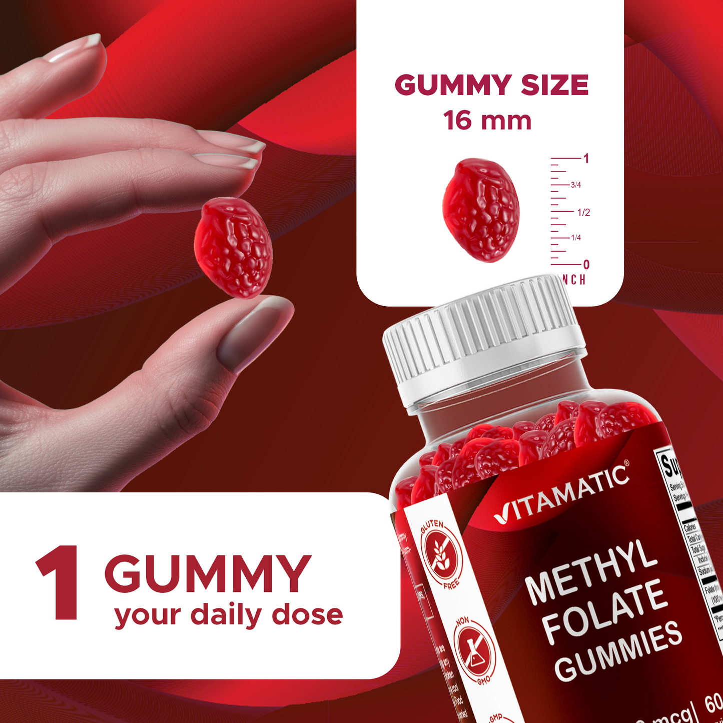 Methylfolate Gummies 1000 mcg – Active 5-MTHF Form – Natural Strawberry Flavor – 60 Gummies