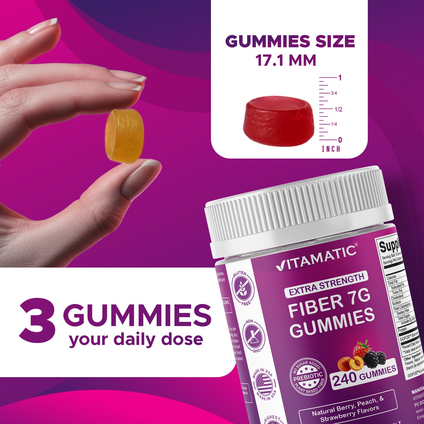 Prebiotic Fiber Gummies for Adults-  240 Pectin Based Gummies, Digestive Health & Regularity Support