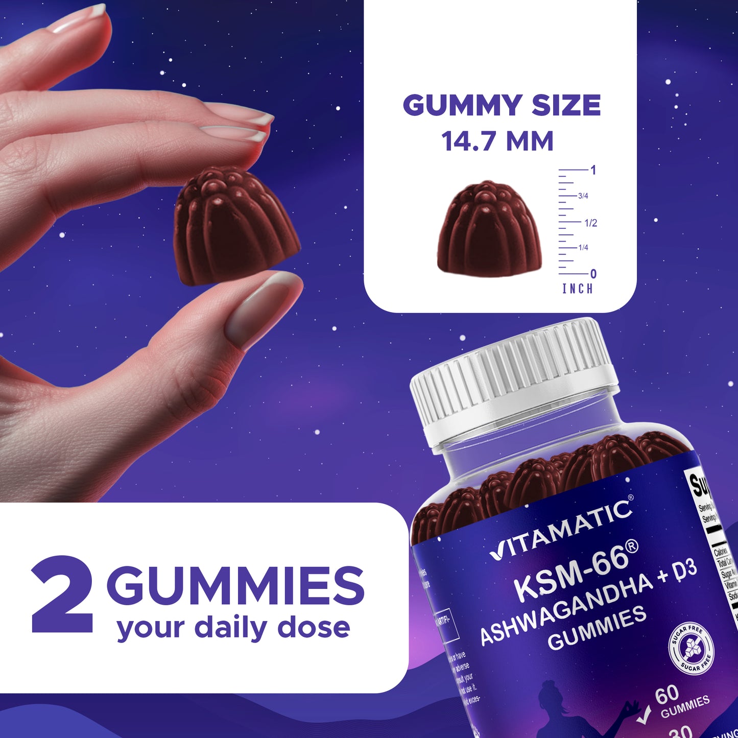 Vitamatic KSM-66® Ashwagandha + D3 Gummies – Natural Blue Raspberry Flavor – 60 Gummies