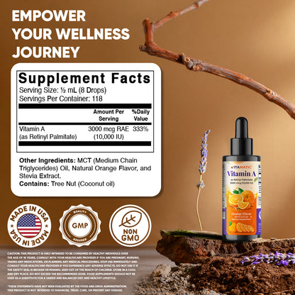 Vitamin A Liquid Drops 10000 IU (3000 mcg) as Retinyl Palmitate - 2 FL OZ (59 ml)