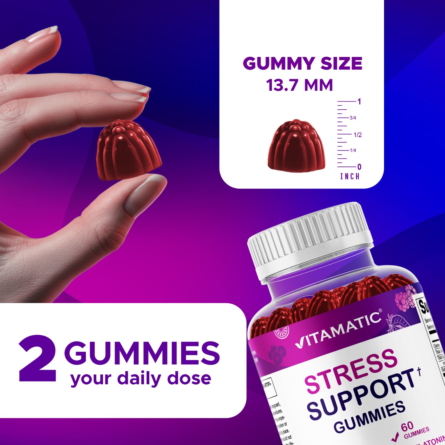Vitamatic Stress Relief Gummies with GABA, L-Theanine, Lemon Balm – Lemon & Mixed Berry Flavor – 60 Gummies