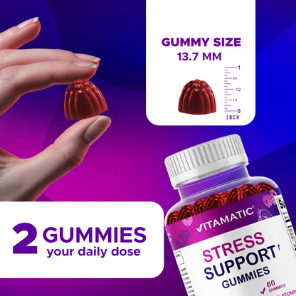 Vitamatic Stress Relief Gummies with GABA, L-Theanine, Lemon Balm – Lemon & Mixed Berry Flavor – 60 Gummies