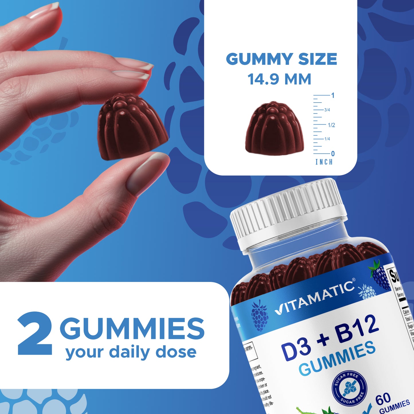 Vitamatic Vitamin D3 + B12 Gummies Made with Folate & Vitamin B6 - Natural Blue Raspberry Flavor – 60 Gummies